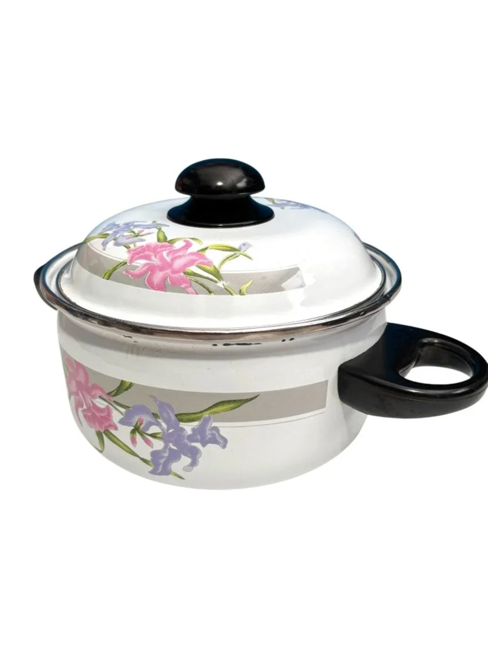 Vintage Floral Enamel Cooking Pot With Lid 2-Quart Black Handles White With Pink